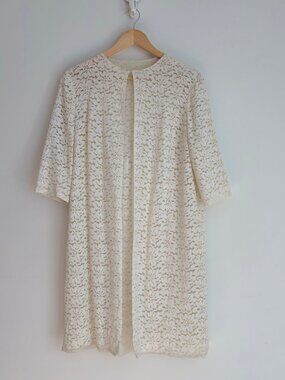 Vintage 1960s Coquette Ivory Floral Lace Dainty Duster Coat Jacket S